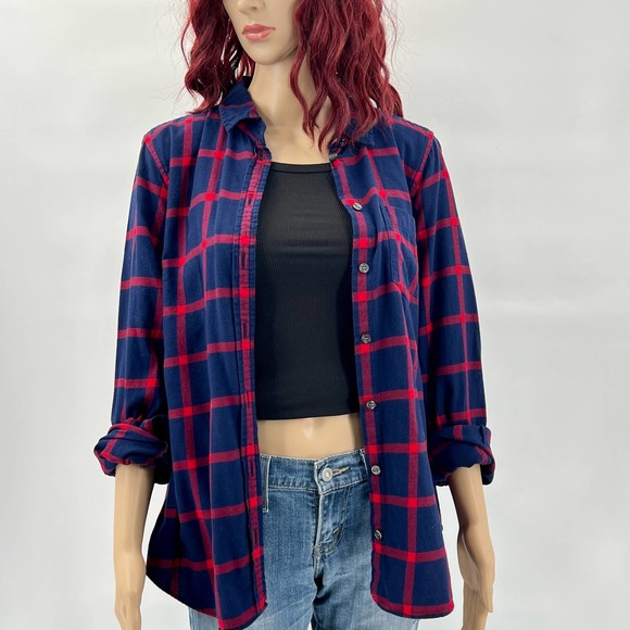 J Crew Womens Plaid Flannel Button Down Medium Blue Red Cotton Long Sleeve - Picture 1 of 6